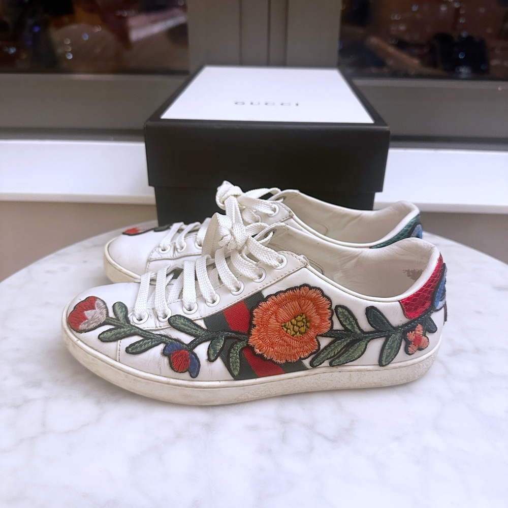 Gucci Leather Ace Floral Embroidered Sneakers 36 - Picture 1 of 5